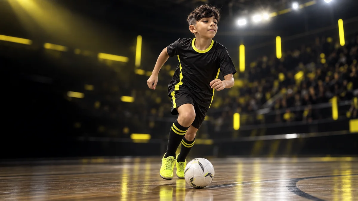 Pedro conduz a bola e olha para o jogo, com uniforme preto e amarelo. Arte de campanha criada com IA.