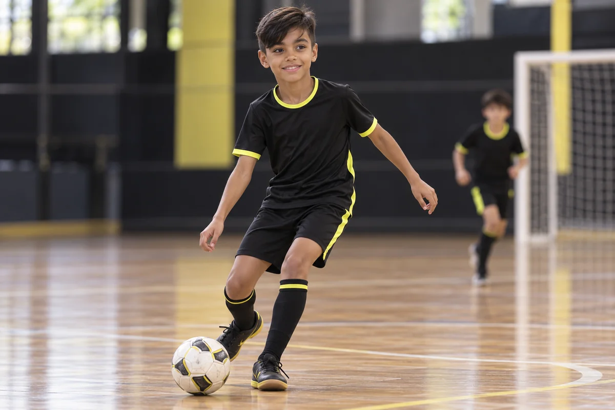 Pedro conduz a bola e olha para o jogo, com uniforme preto e amarelo. Arte de campanha criada com IA.