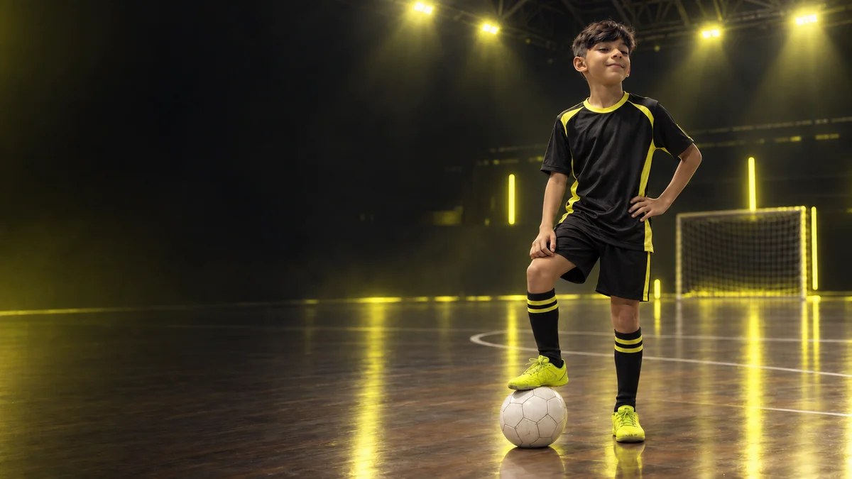 Pedro com uniforme preto e amarelo cítrico, meião e bola de futsal, em uma arena iluminada. Arte de campanha criada com IA.