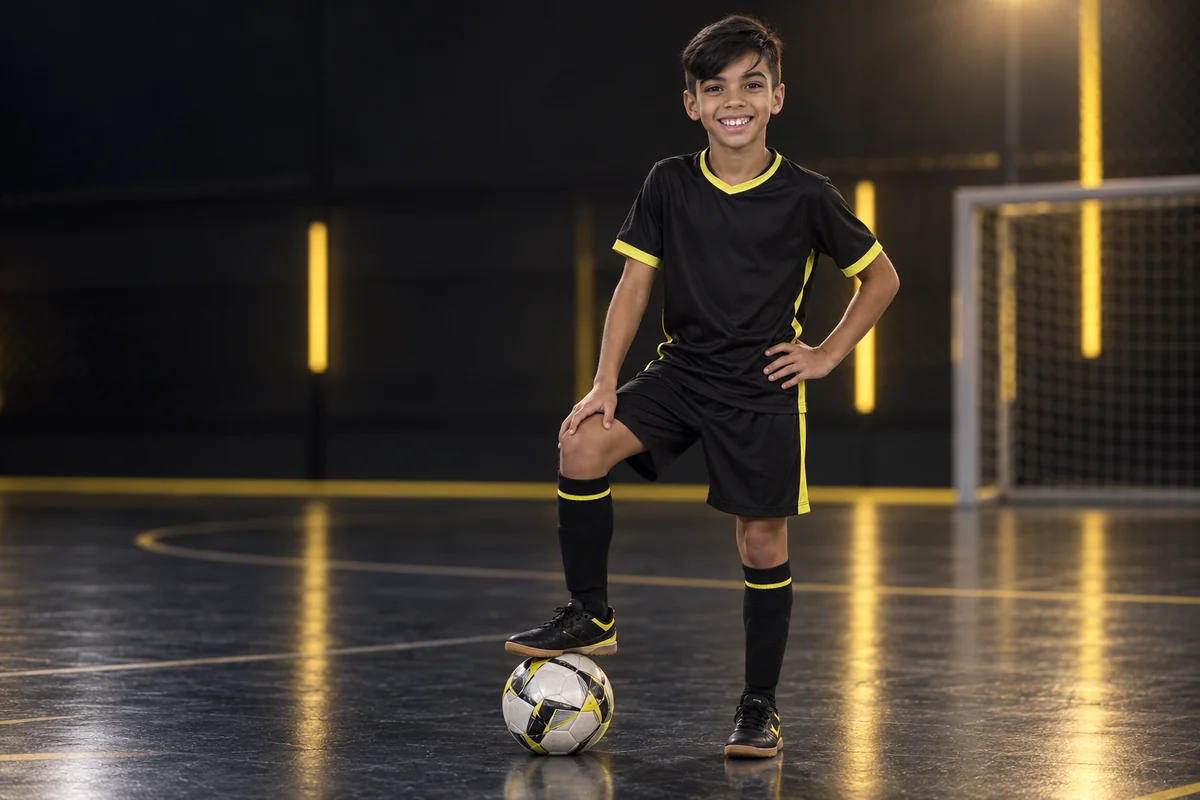 Pedro com uniforme preto e amarelo cítrico, meião e bola de futsal, em uma arena iluminada. Arte de campanha criada com IA.
