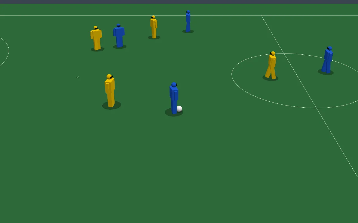 Jogada vista pela câmera de TV, do alto: jogadores de amarelo e de azul espalhados na quadra verde e um jogador azul conduzindo a bola perto do meio.